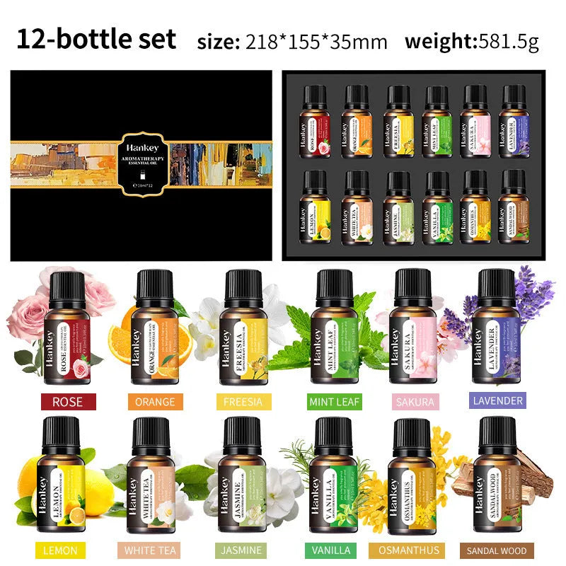 Water-soluble aromatherapy essential oil sets in boxed packaging showing lavender, eucalyptus and lemongrass bottles