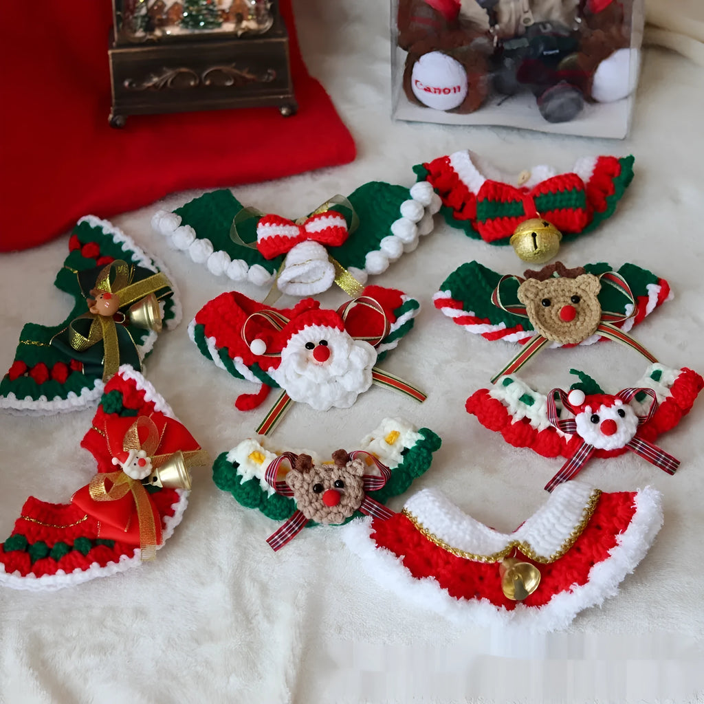 Christmas knitted wool pet scarf collar with striped Santa Claus and elk holiday designs in measured sizes