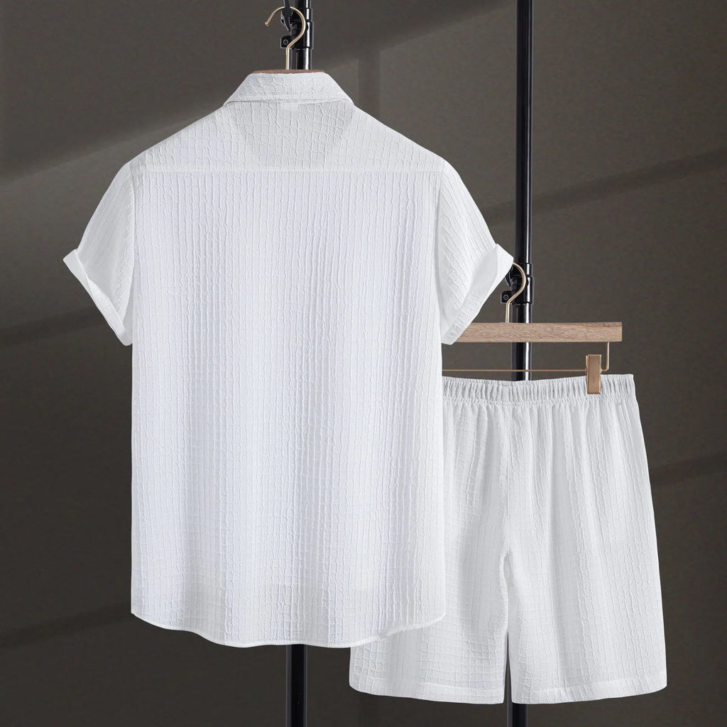 Men's white jacquard short sleeve shirt and shorts casual suit set laid flat