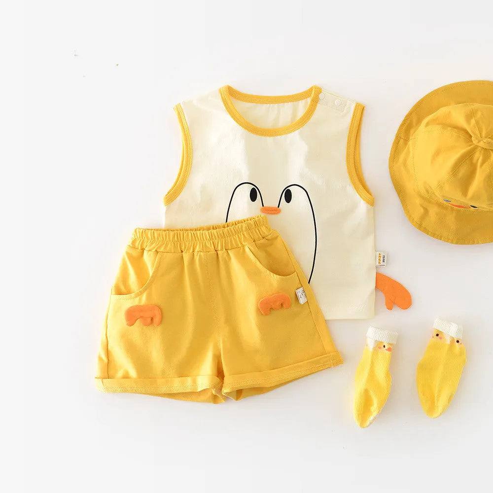 Big White Goose yellow cartoon shorts vest set for infants and toddlers, cotton blend, 73-100cm