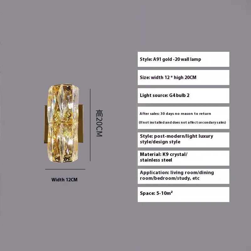 Crystal wall lamp with stainless steel body and LED lighting in chrome or gold finish