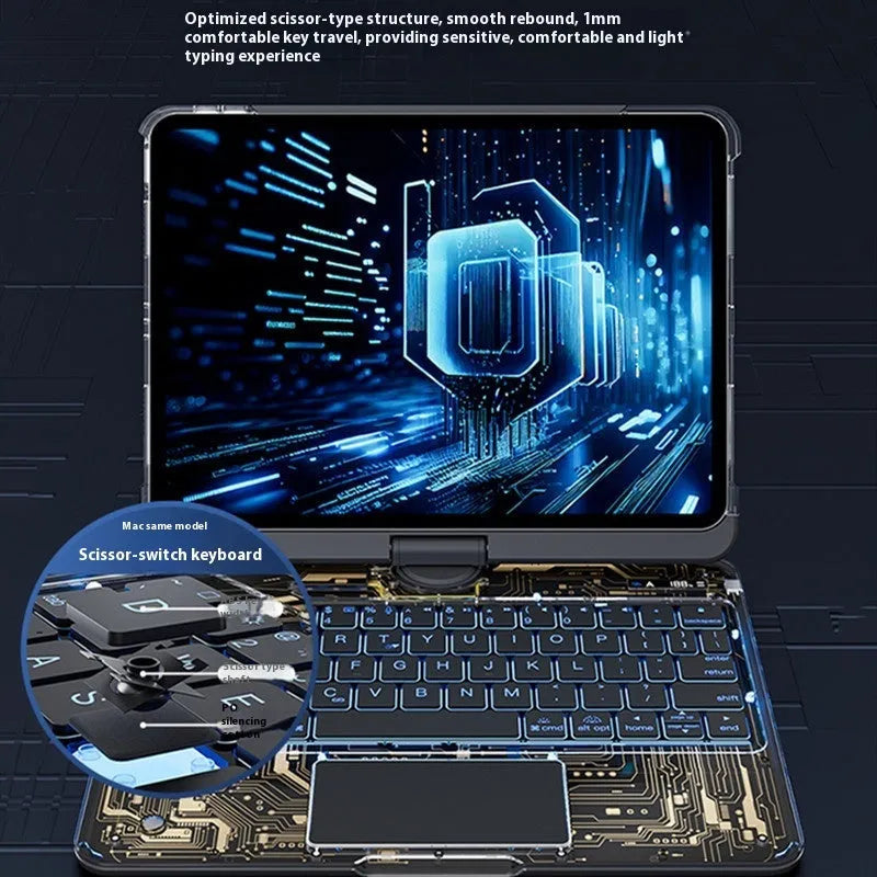 360 swivel transparent keyboard case for iPad with trackpad and telescopic pen slot