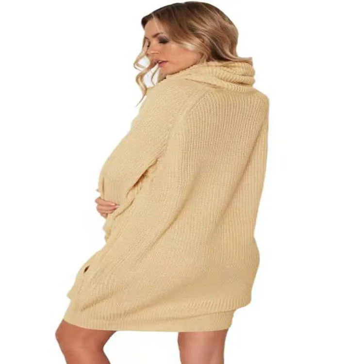 Women's apricot lapel collar acrylic sweater with pockets loose slim fit