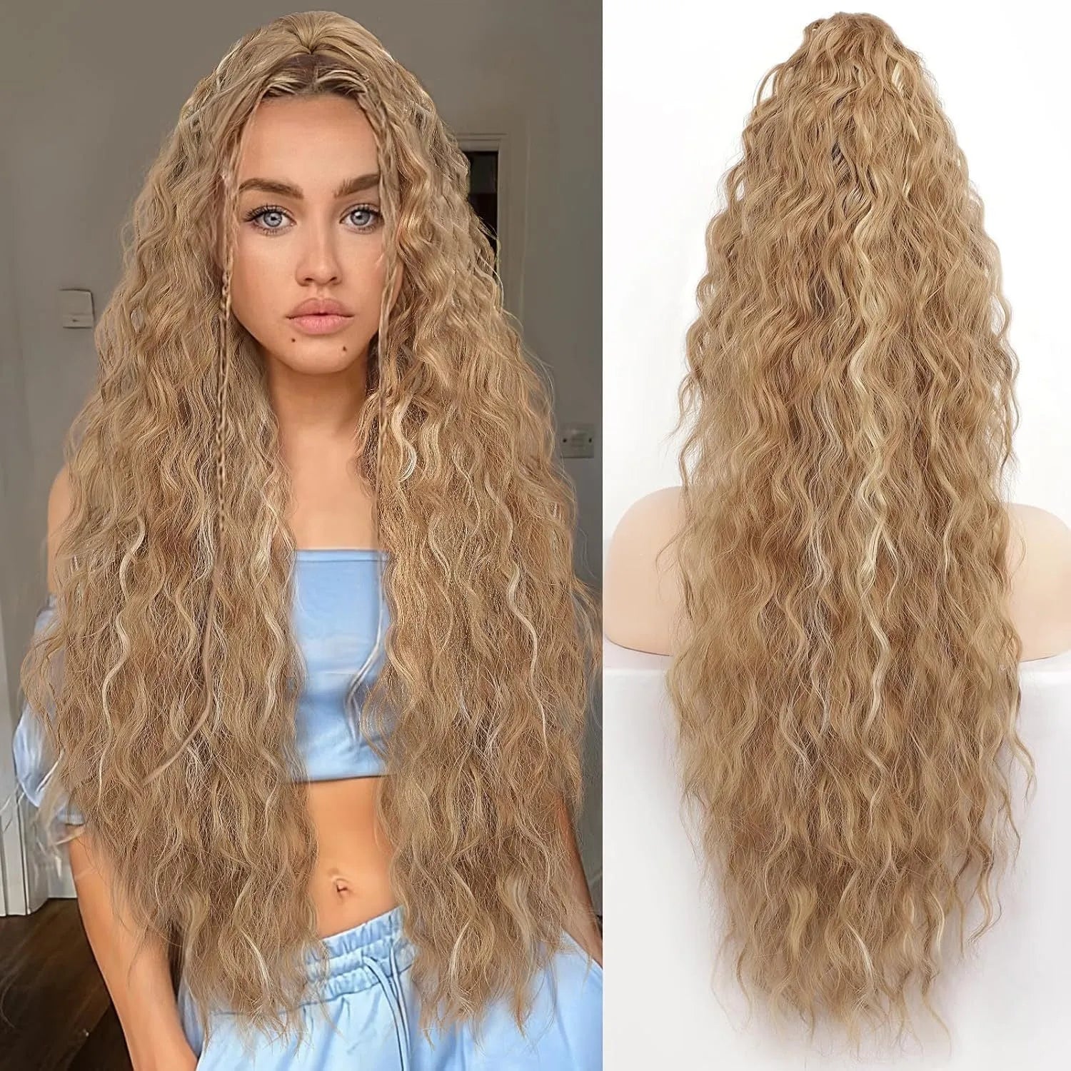 Long, fluffy curly synthetic ponytail wig in a high temperature fibre, shown in a 30-inch length.