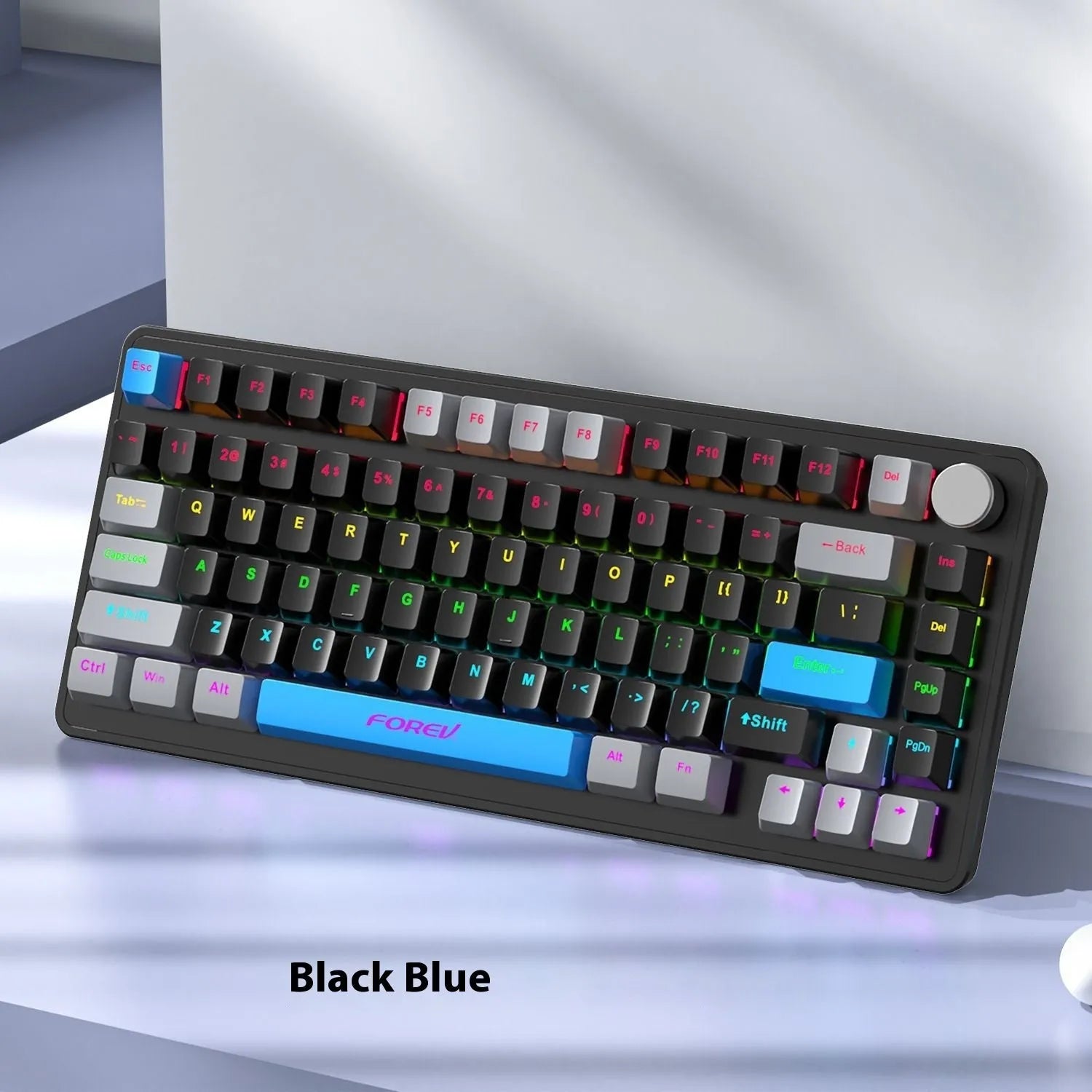 Custom mechanical keyboard and wireless mouse in selected colour option with backlight illumination.