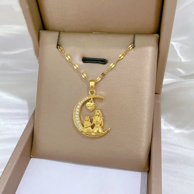 Gold 18K plated heart shape full diamond necklace with moon motif on twisted copper chain