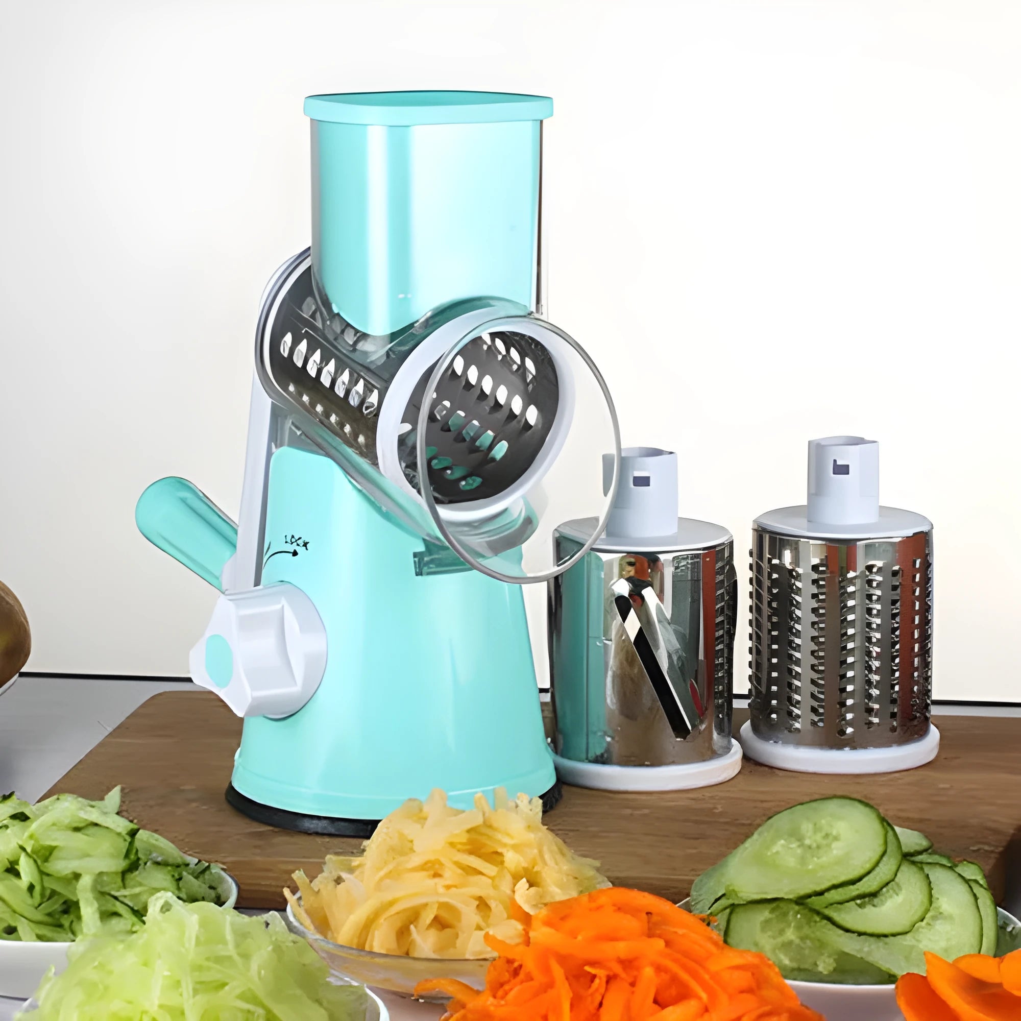 Round manual mandoline vegetable slicer with stainless steel blades in blue green red colour options
