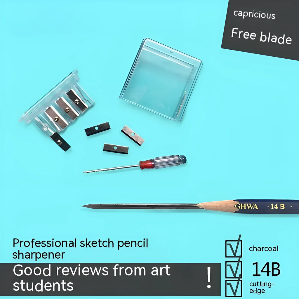 Geometric plastic pencil sharpener with four holes, shown with blades and a screwdriver.