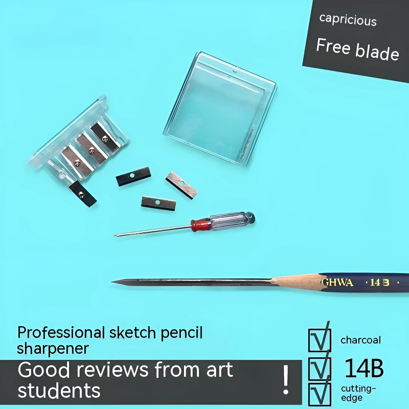 Geometric plastic pencil sharpener with four holes, shown with blades and a screwdriver.