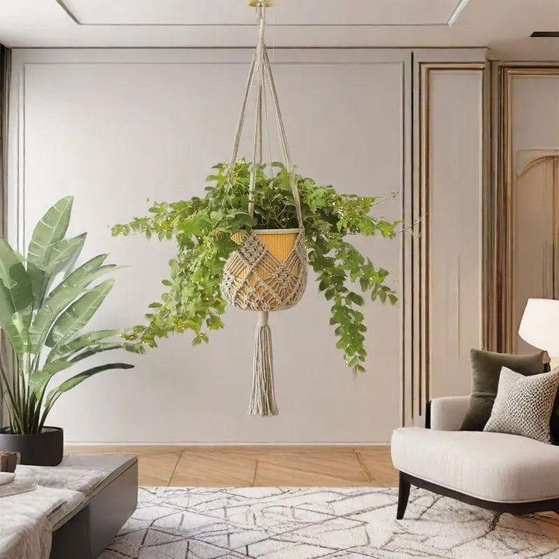 Hand-woven flower pot with net pocket extension cord in various colour options
