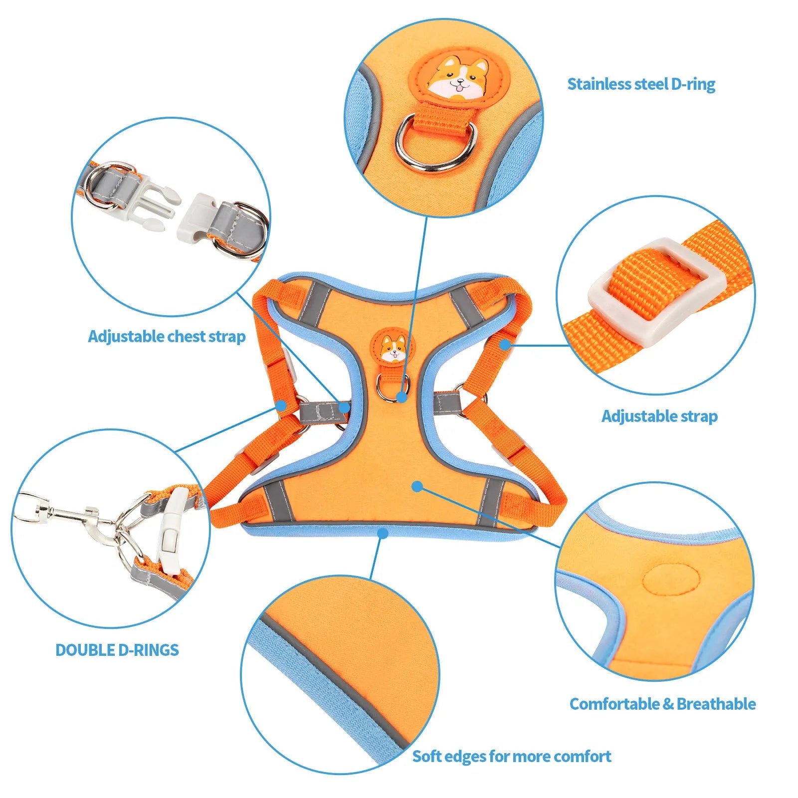 Adjustable vest-style dog harness with haulage rope in assorted colours.