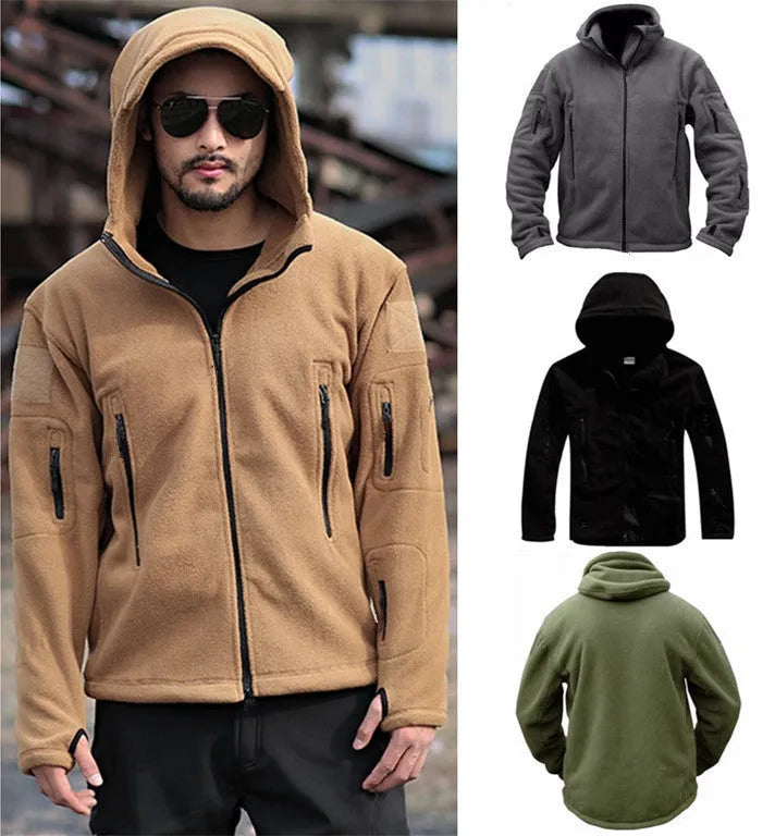 Men's cotton fleece jacket with zipper pockets, round hem, available in khaki, gray, black, army green, navy blue