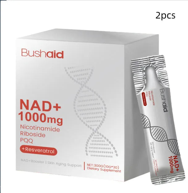 Two bottles of liquid Anti-Aging Drink supplement with nicotinamide riboside and PQQ for cellular support