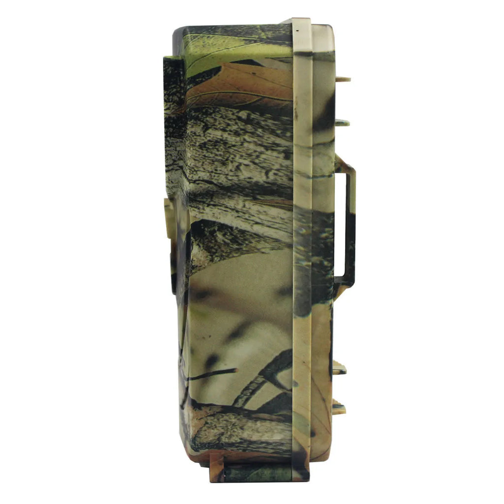 Yellow brown plastic 16MP hunting game camera with infrared LEDs for night vision.