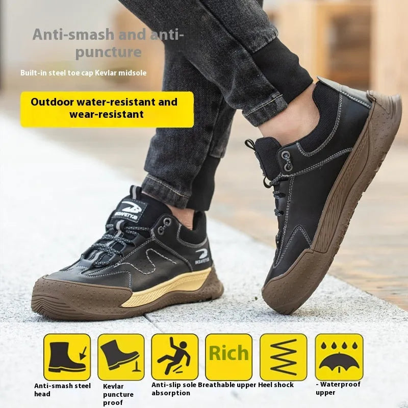 Flyknit leather safety work shoe with rubber sole, shown in available colours.