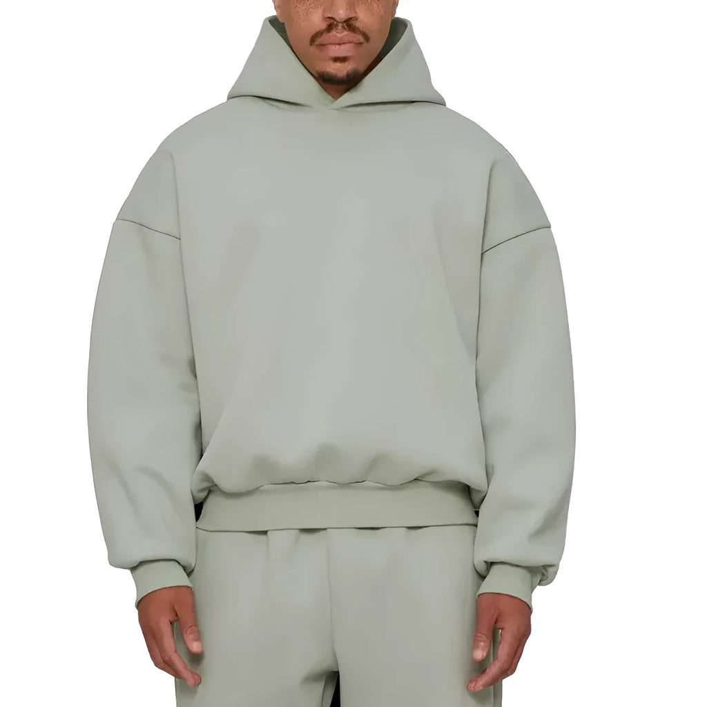 Men's solid colour fleece-lined cotton hoodie pullover shown in black, blue, grey, or red.
