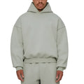 Men's solid colour fleece-lined cotton hoodie pullover shown in black, blue, grey, or red.