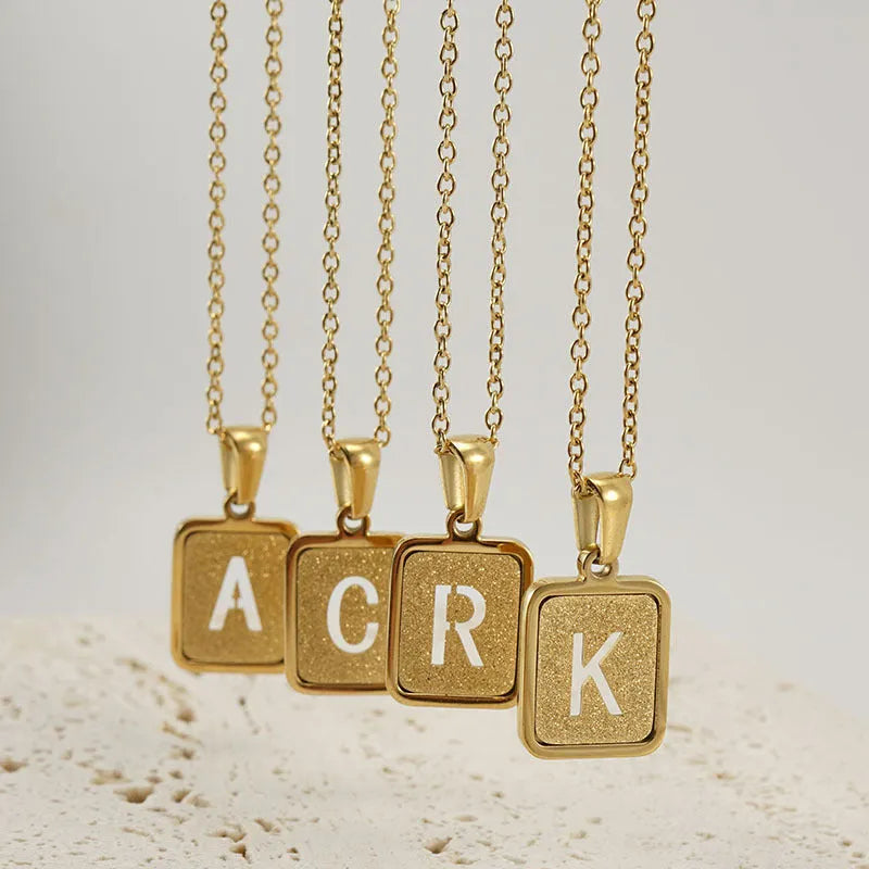 Alphabet necklace 26 letters hollow square pendant 18K gold tone titanium steel small snake chain
