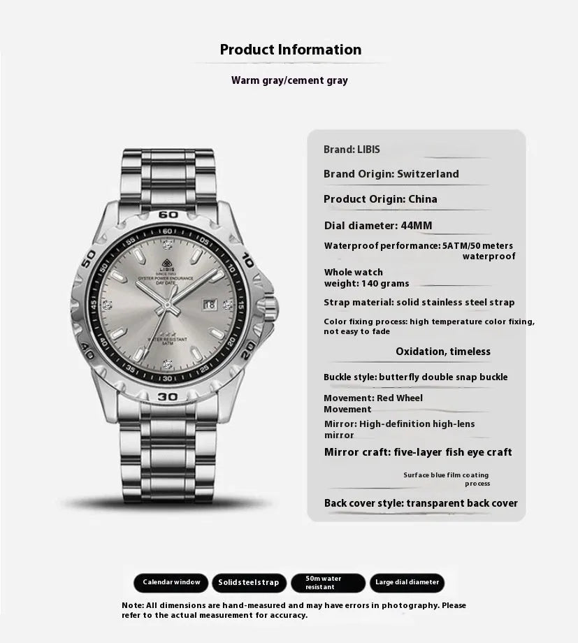 Men's silver stainless steel business watch with luminous hands and sapphire glass.