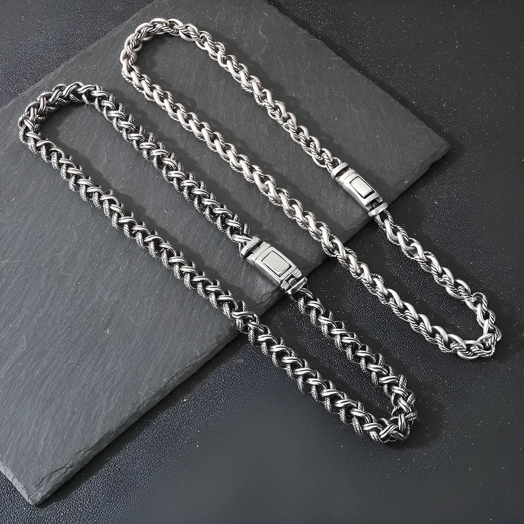 Men's antique silver titanium steel keel chain necklace with large hemp flowers links.