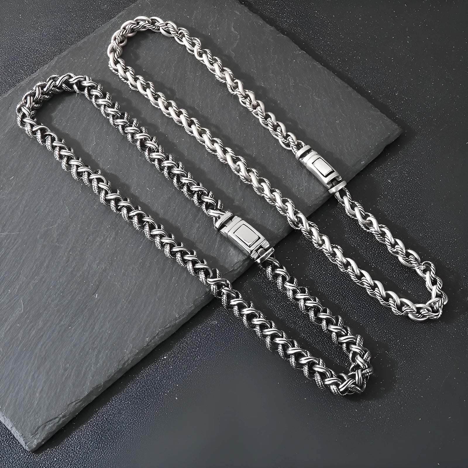 Men's antique silver titanium steel keel chain necklace with large hemp flowers links.