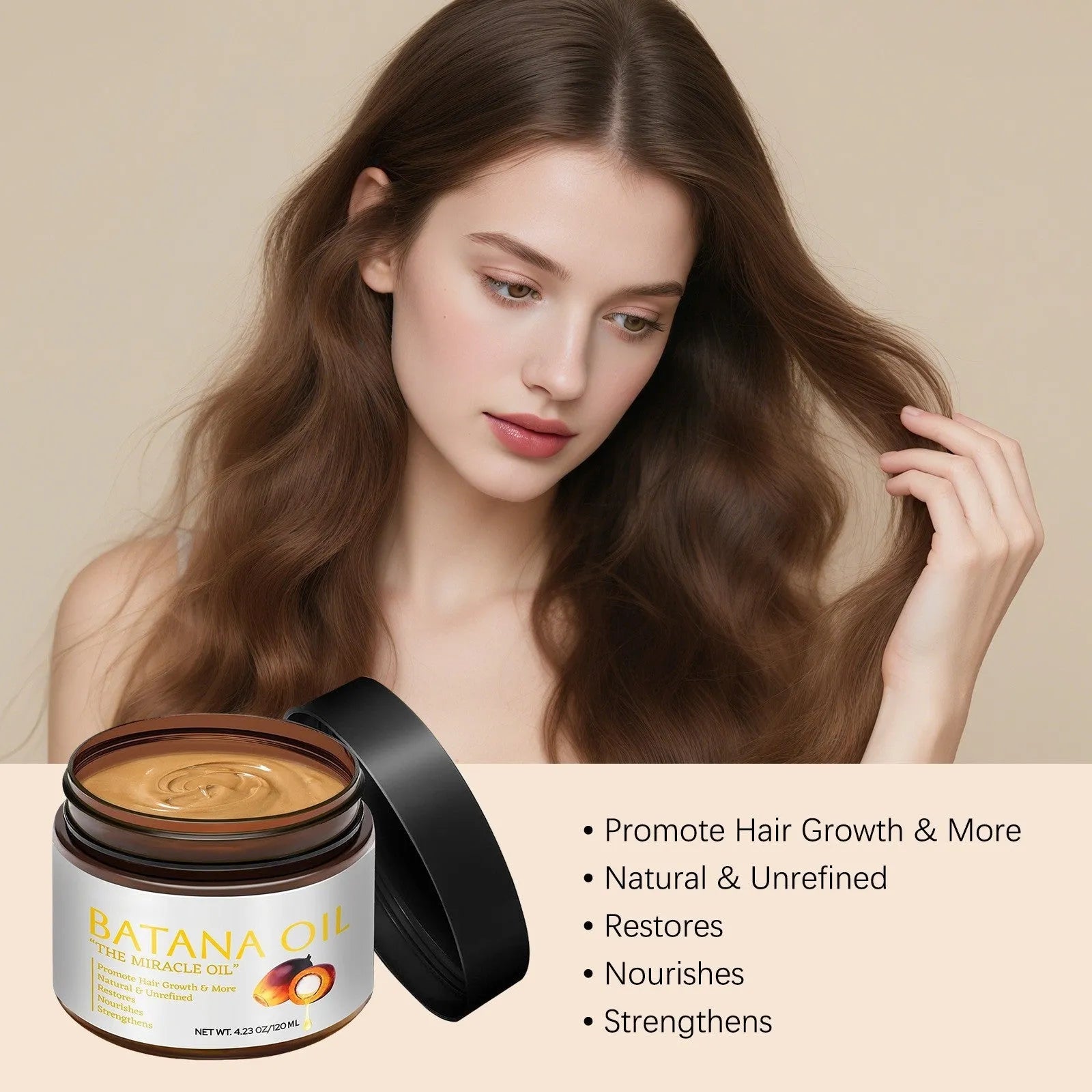 Batana hair mask bottle with herbal fragrance for frizzy hair treatment, 120ml volume