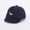 Babies denim baseball cap with puppy design, dome crown, short brim, in light blue, for spring summer sunshade