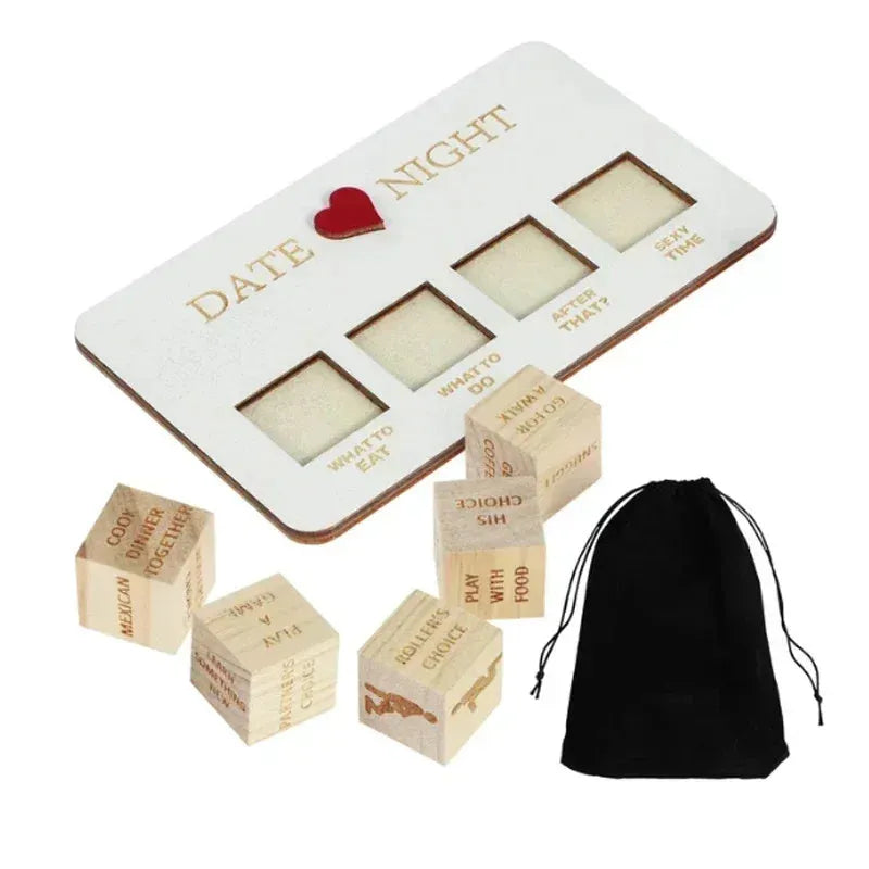 Wooden date night dice game set with five natural wood dice and planner board for couples