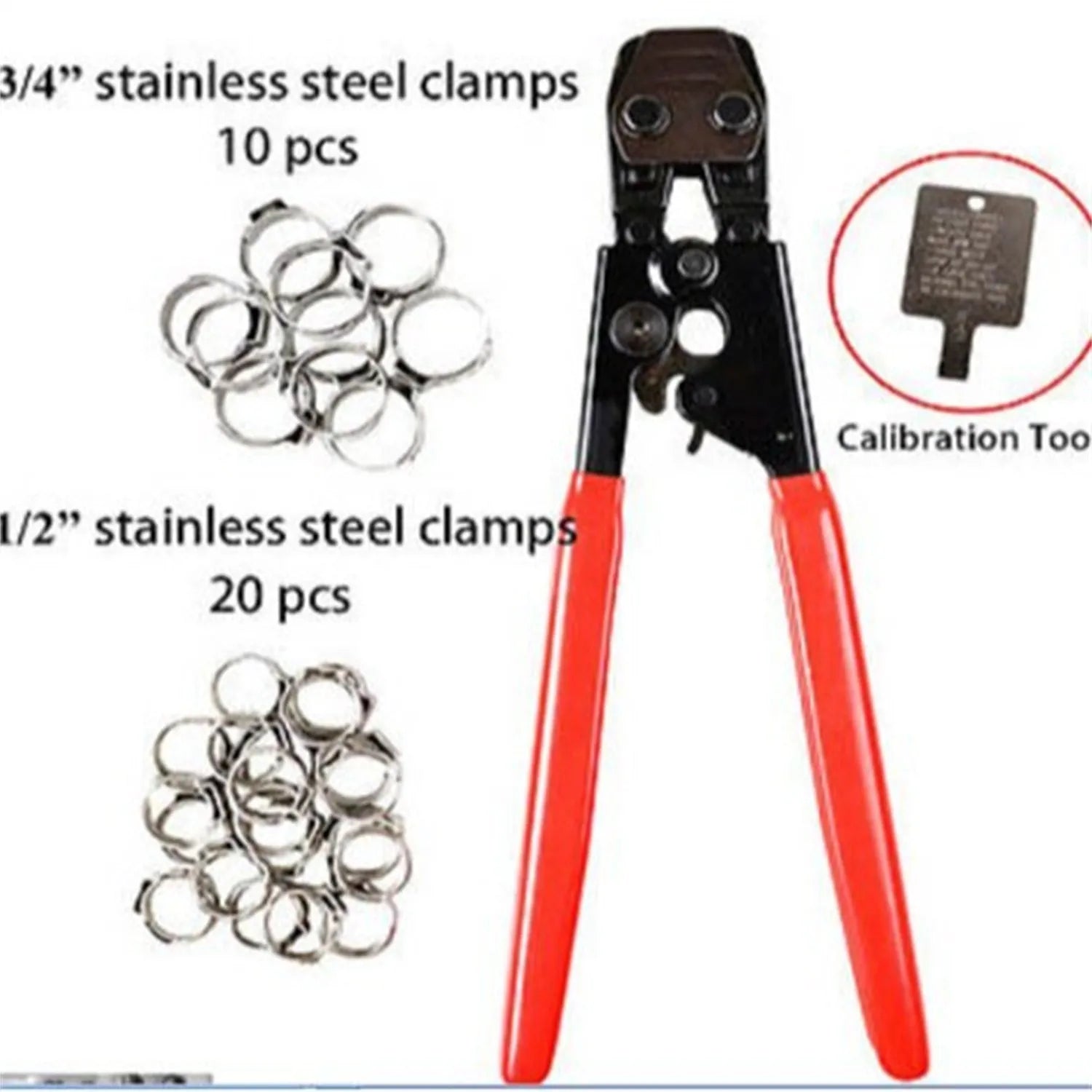 Red cloth-covered single ear PEX clamp with metal body and carbon steel cutting edge.