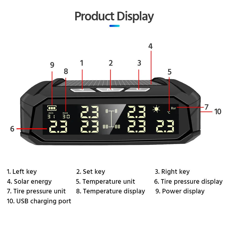 Solar-powered external tyre pressure monitor system for six tyres, showing colour digital display and sensors.
