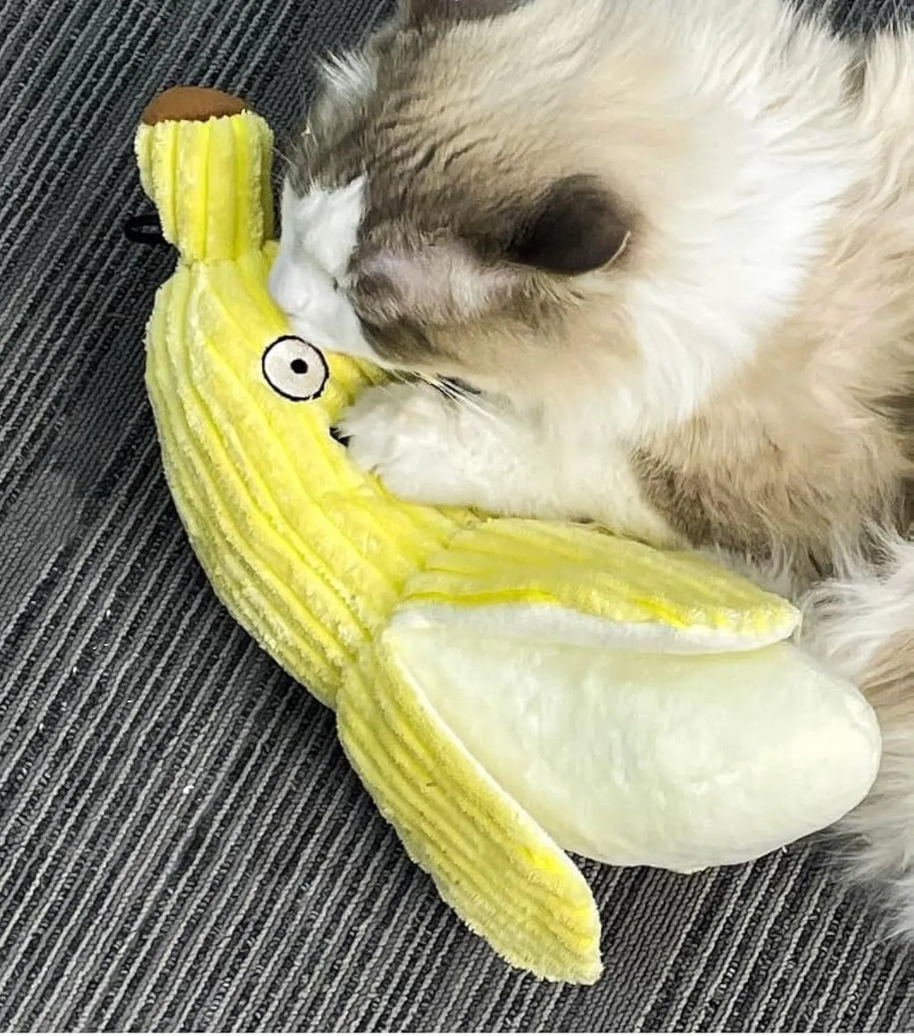 Yellow banana-shaped cat toy with plush fabric and crinkle sound feature