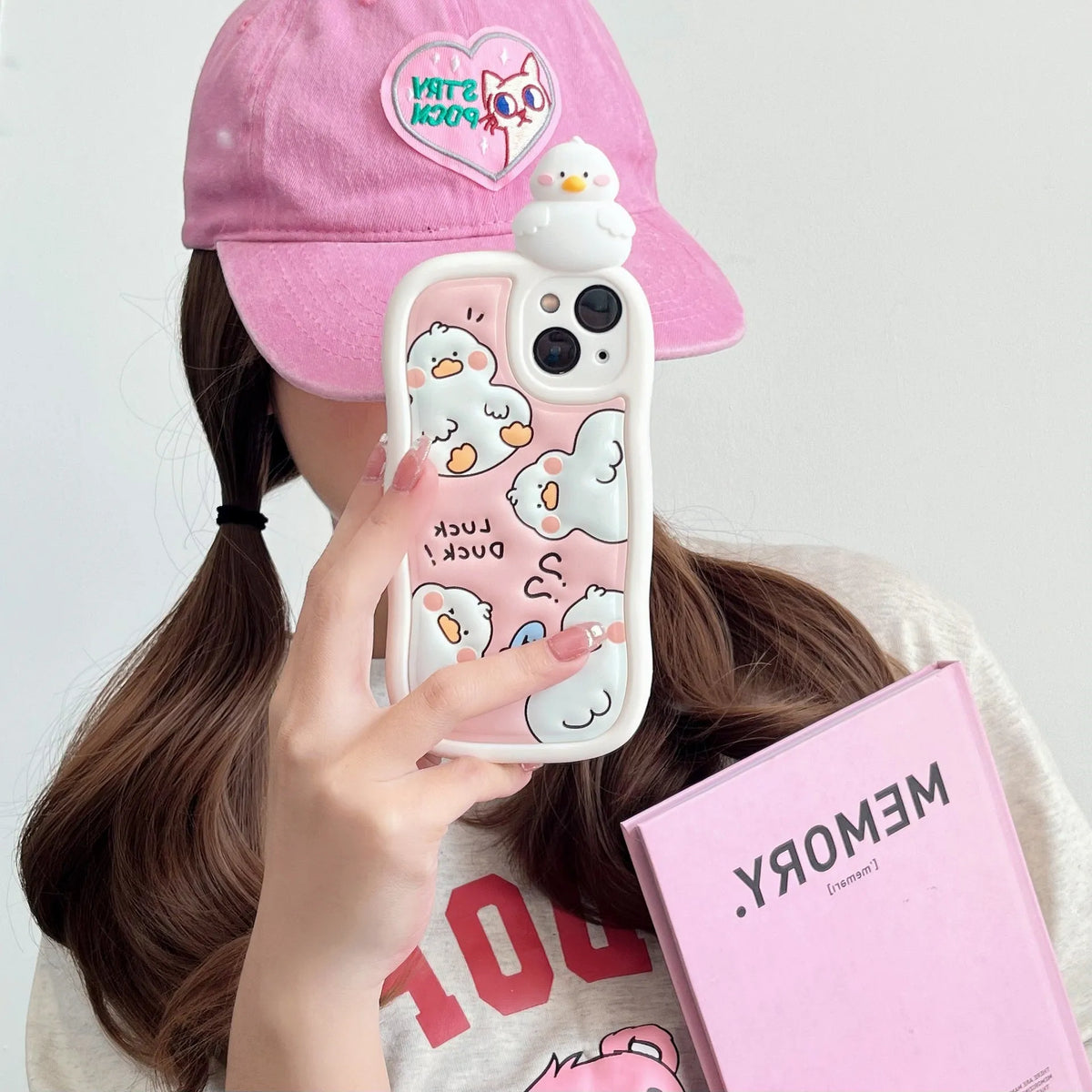 Cute three-dimensional duck TPU phone case for iPhone back cover, Pink Tulips colour, with duck design raised from surface