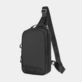 Casual black camouflage print chest bag with adjustable shoulder strap and top handle on a person