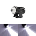 Motorcycle auxiliary spotlight with two-colour lens options, showing aluminium and polycarbonate housing.