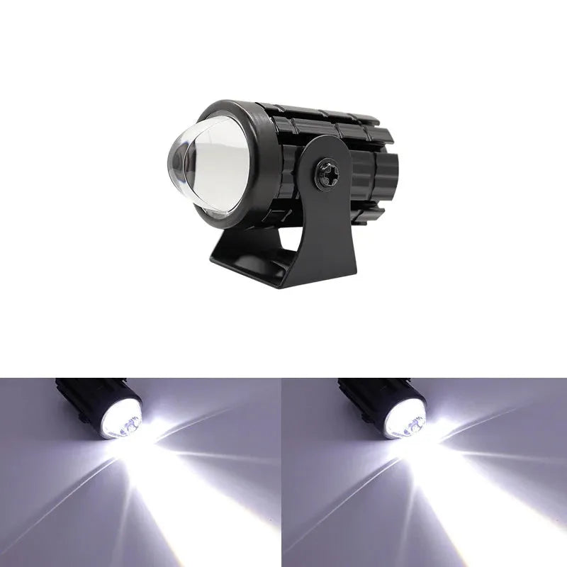 Motorcycle auxiliary spotlight with two-colour lens options, showing aluminium and polycarbonate housing.