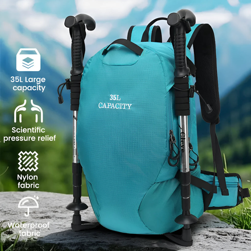 Outdoor waterproof hiking backpack with physiological curve back plate in black, lake blue, or lemon yellow