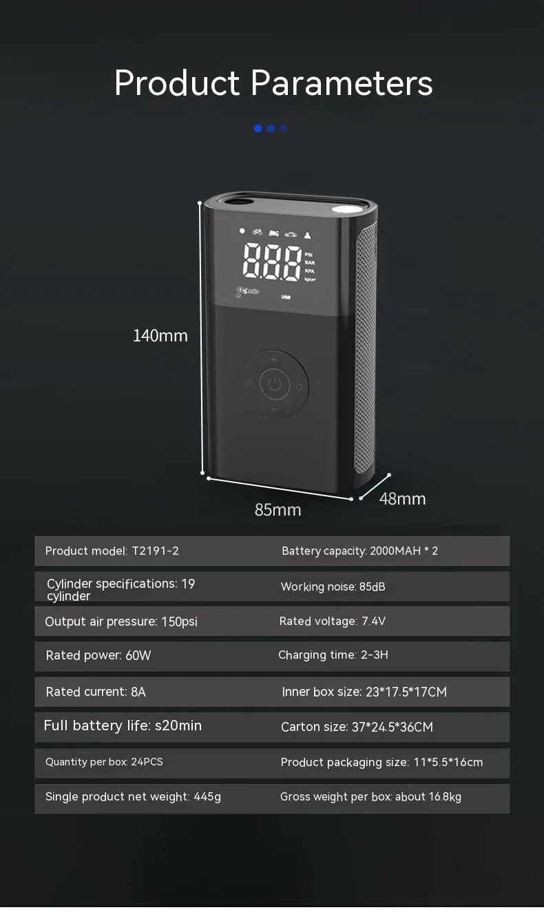 Wireless digital display handheld air pump with LED light, digital screen, and assorted inflation nozzles.