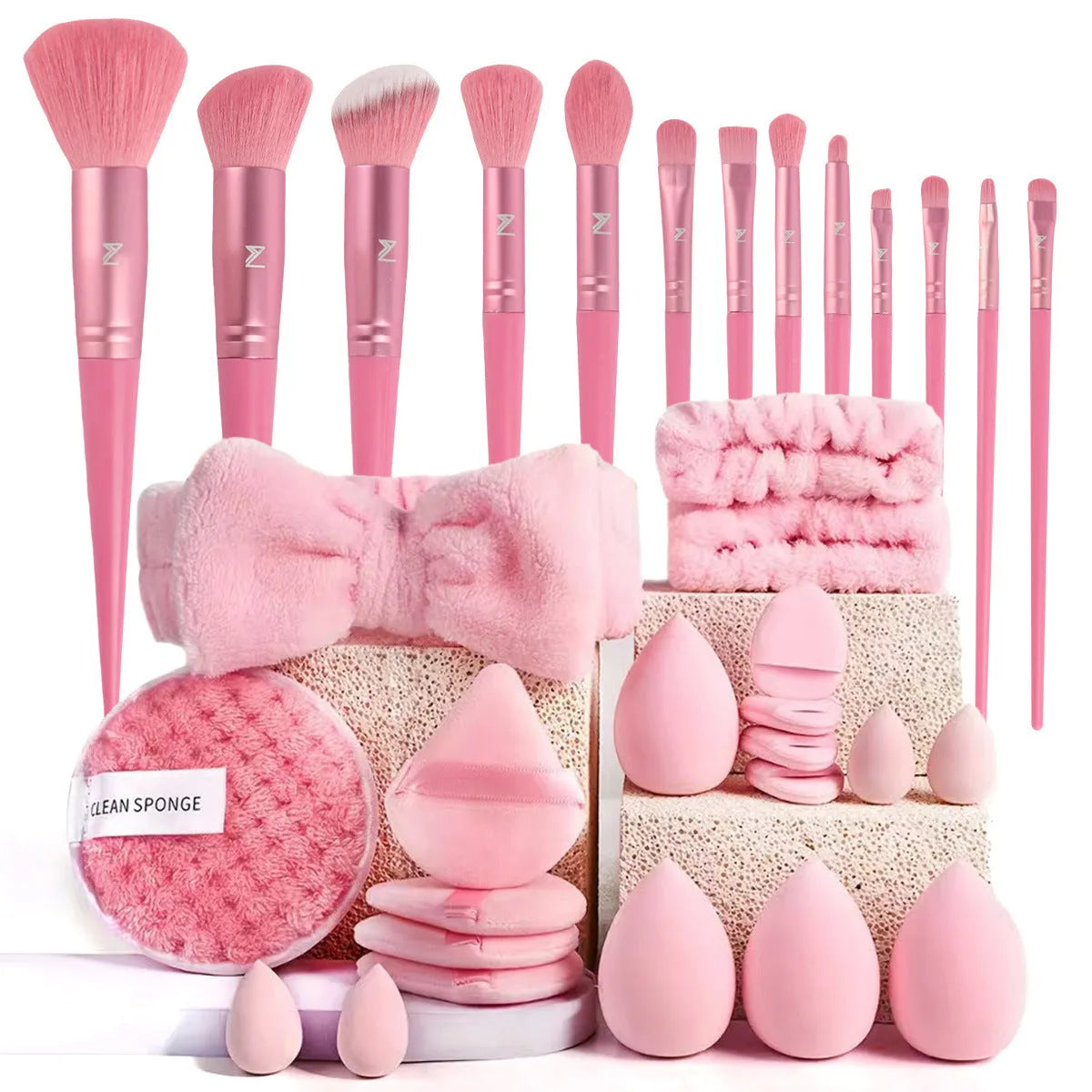 Hydrophilic non-latex beauty tool set with brown, pink, and purple makeup applicators