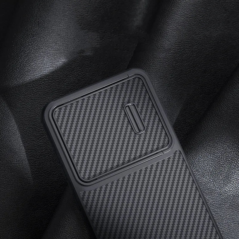 Black Samsung S23 Ultra mobile phone case with integrated lens push cover showing TPU, PC, and carbon fibre construction