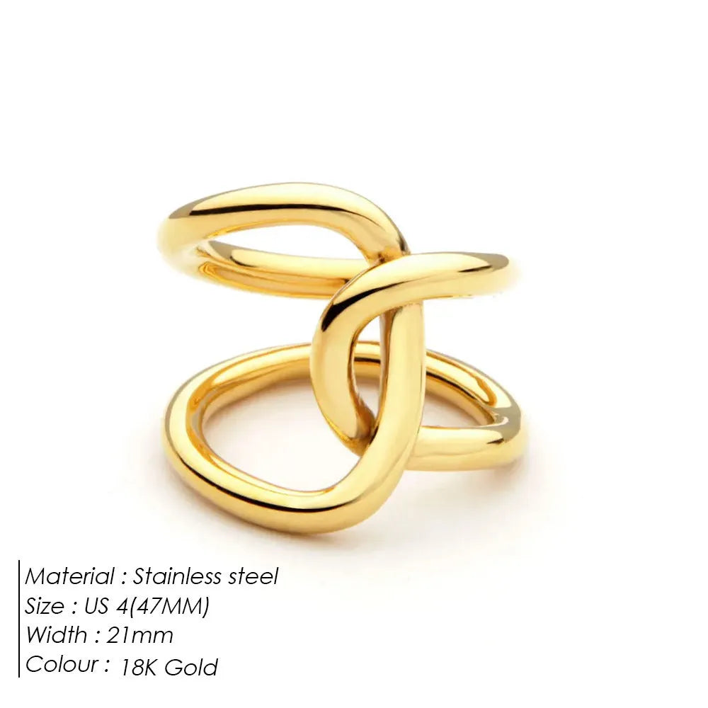 Adjustable knotted stainless steel ring for women in 18K gold or steel colour, showing U-shaped geometric design.