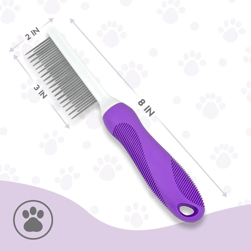 Purple pet detangling comb with stainless steel long and short teeth on an ergonomic handle.