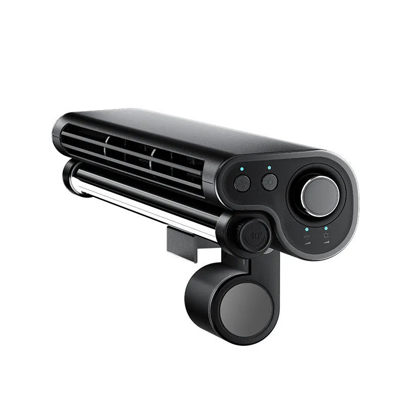 Black USB-powered clip-on bladeless fan with LED light attached to a laptop screen.