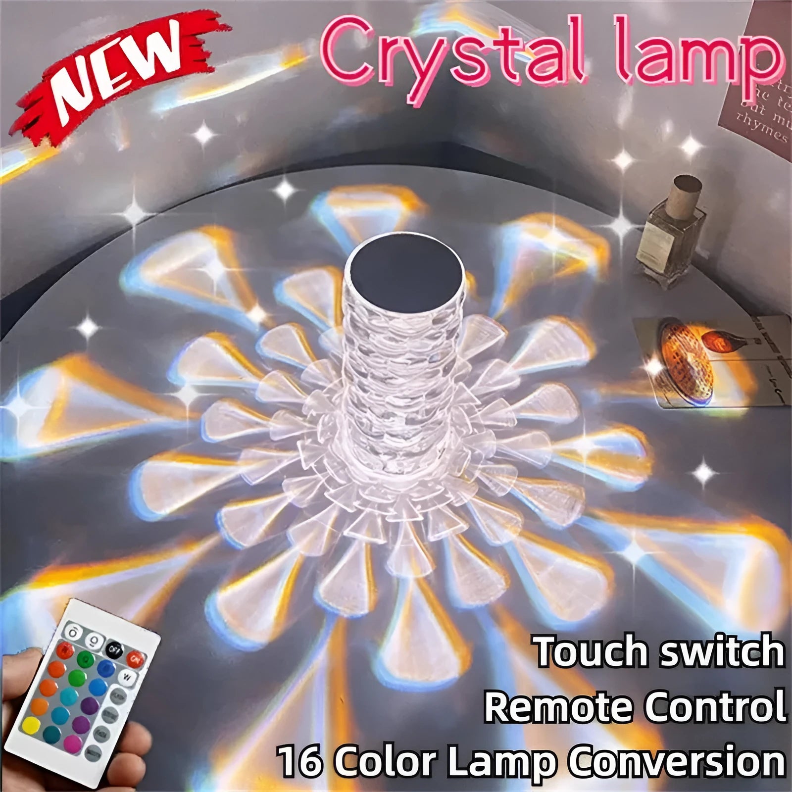 Crystal table lamp rechargeable with teardrop acrylic shade showing droplet shadow effect on a bedside table