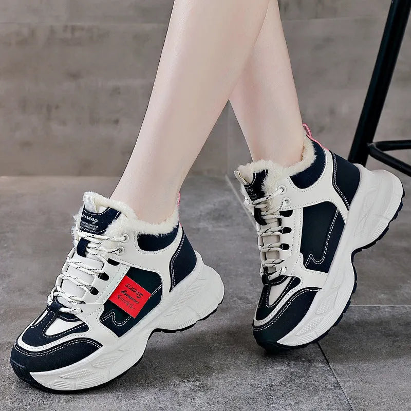 Women's winter thermal fleece-lined sneakers, round toe, mid heel, front lace-up, in black, blue, and gray