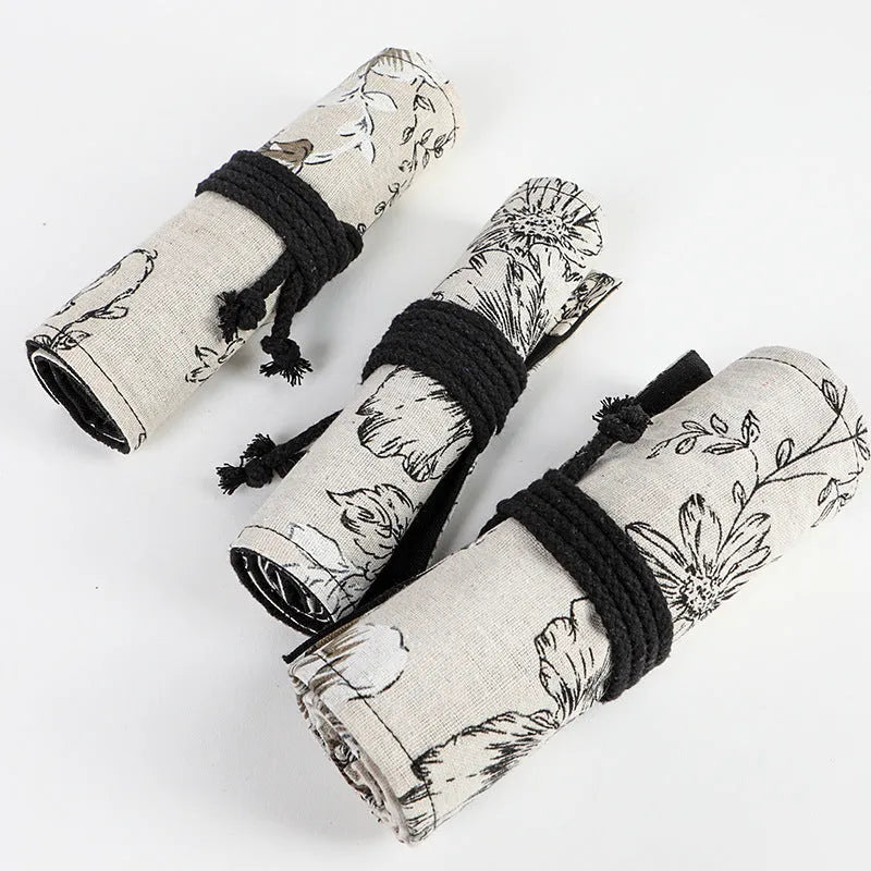 Japanese printed canvas rolling pencil case with Black Peony pattern, square shape, cotton and linen fabric, multiple hole sizes for pens