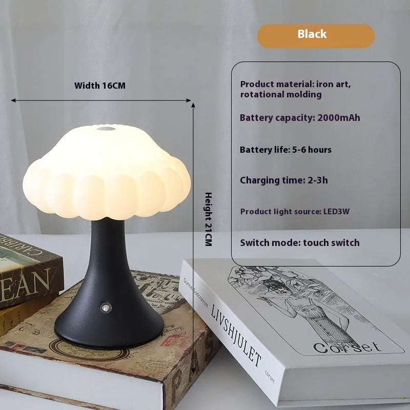 Small mushroom-shaped touch sensor night light showing USB charging port and woodgrain colour finish.