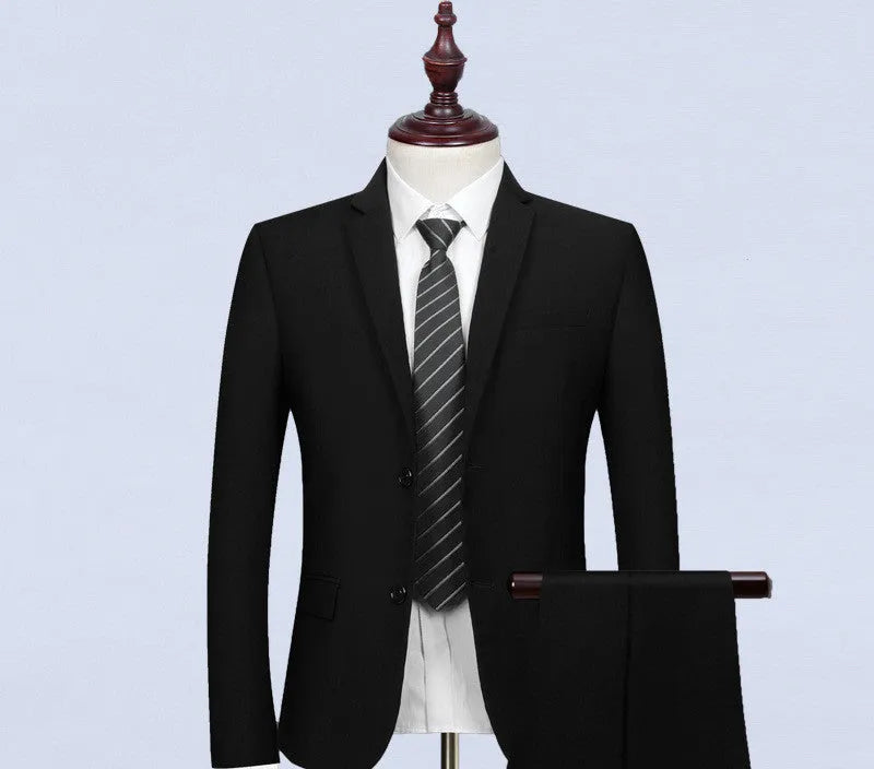 Men's slim fit black business suit set with waistcoat, shirt, and trousers, flat collar, back slit, acetate fibre blend