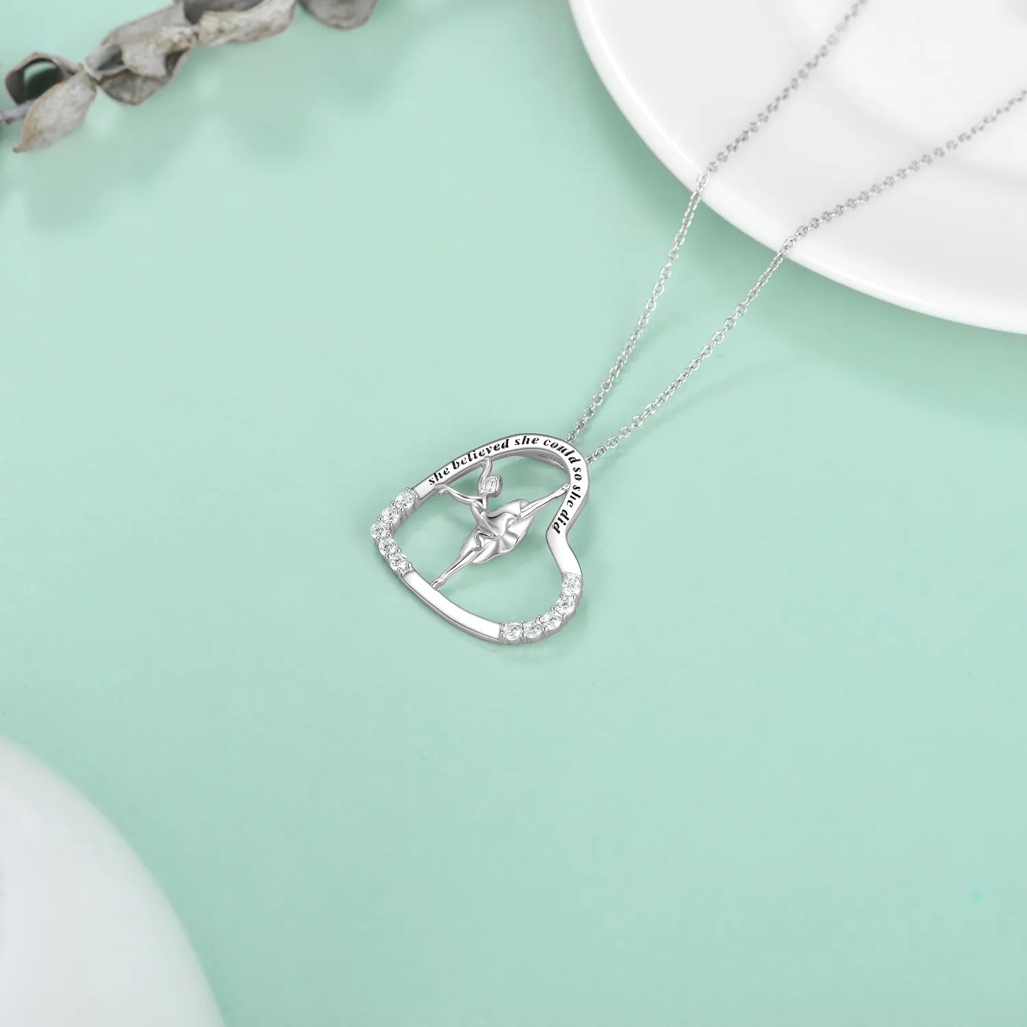 925 sterling silver heart ballerina dancer pendant necklace with cubic zirconia stone on white background