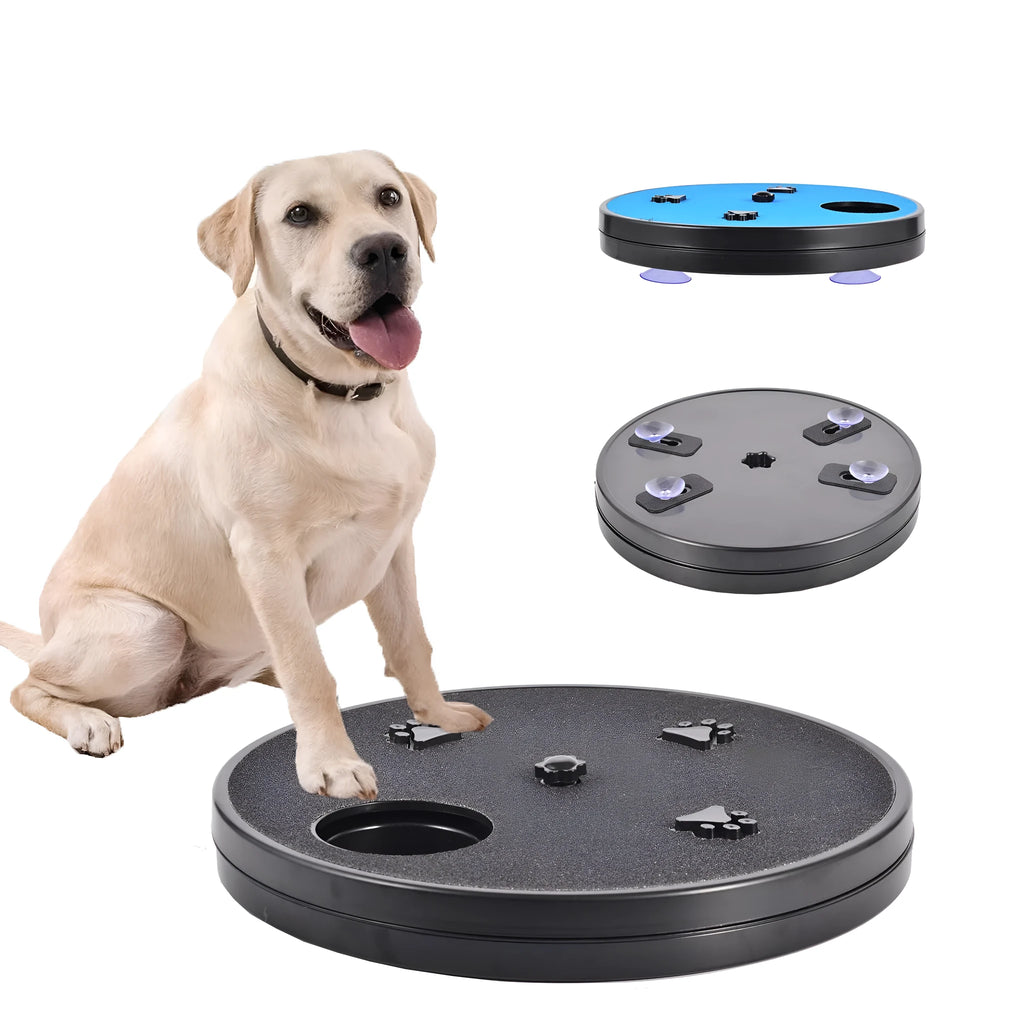 Square blue dog scratch pad with rotating top cover, suction cup base, and raised footprint guides.