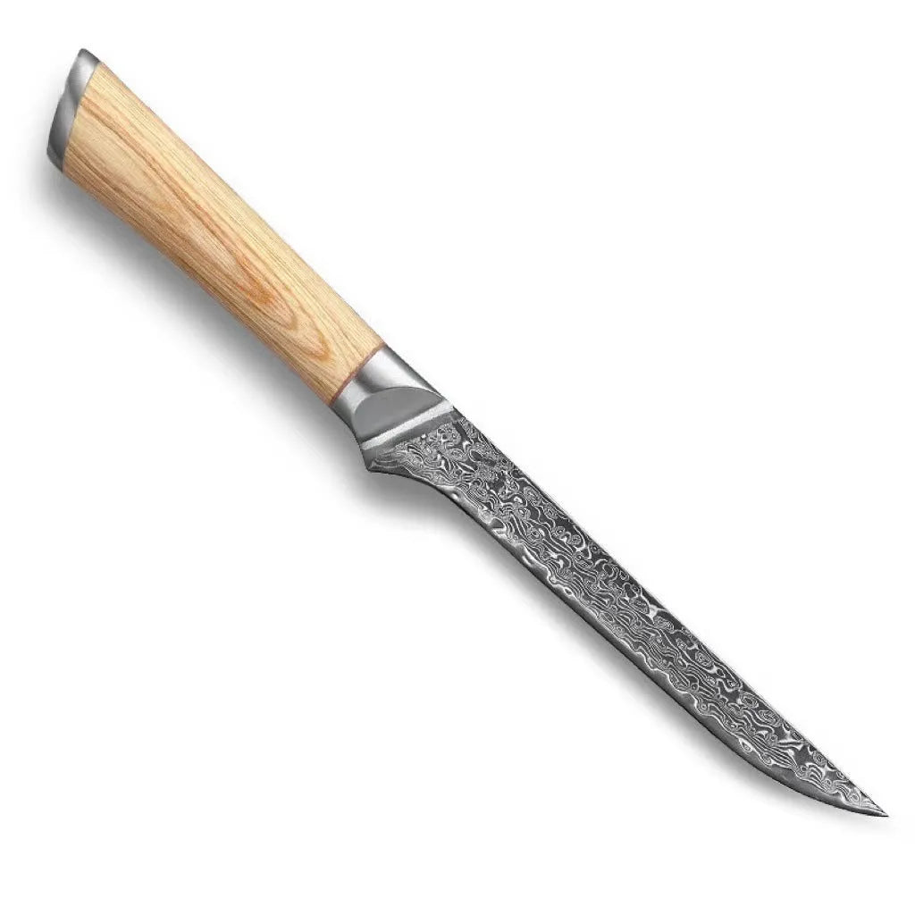Damascus pattern kitchen knife set with V gold steel core showing 67-layer folded construction